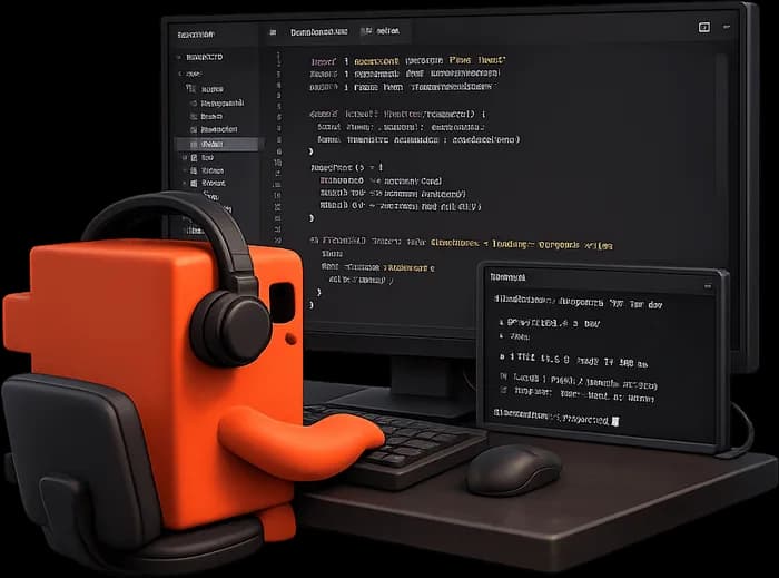 Mascota programando frente a su monitor con código